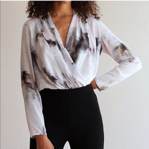 Babaton White Draped V-Neck Bodysuit with Black and Pink Abstract Print
